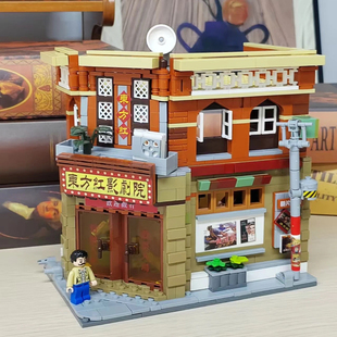 积木古风街景系列 8090年代复古电影院邮局照相馆裁缝店拼装玩具