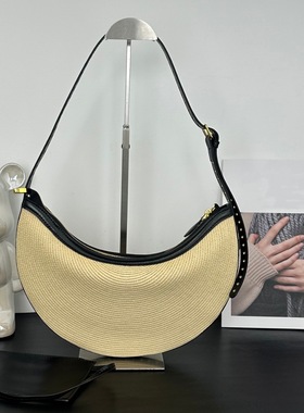 小众设计新款月牙包草编配真皮扇形包元宝包通勤休闲单肩手提包