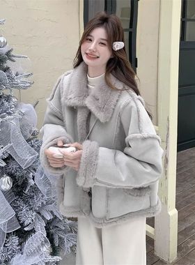 蓝色皮毛一体羊羔毛外套女冬季2025新款慵懒风麂皮绒棉服短款