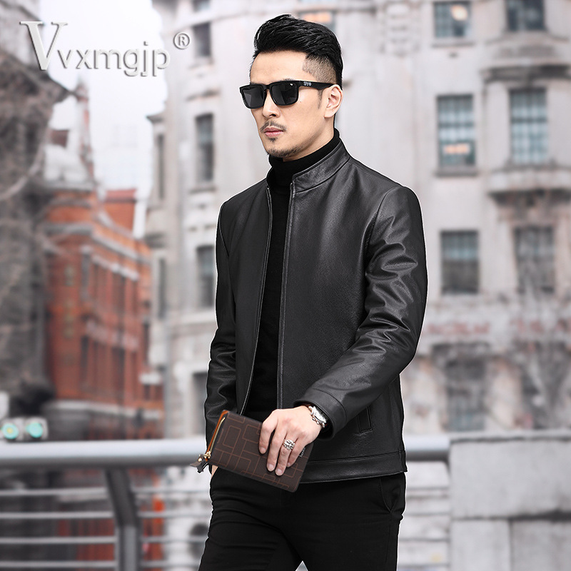 海宁头层牛皮修身短款皮衣立领