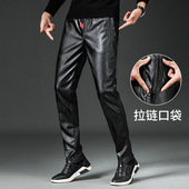 男士 弹力潮流防水PU中年男拉链口袋 男加绒修身 春秋薄款 摩托车皮裤