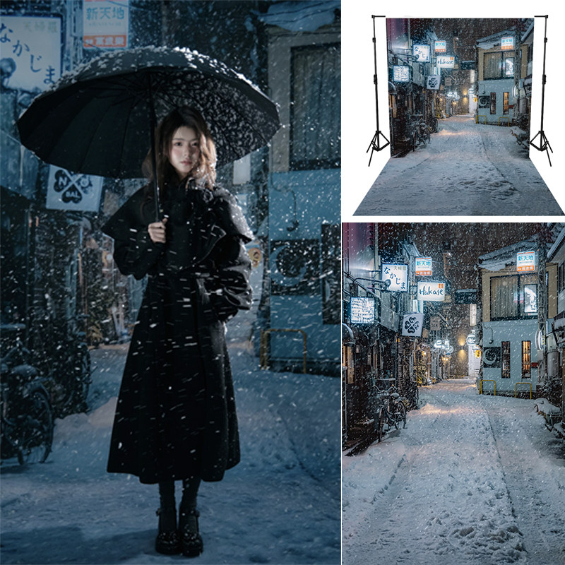 背景雪景夜景韩国街道摄影背景布婚纱影楼情侣写真直播拍摄背景纸