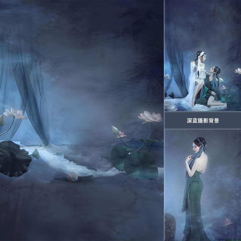 古装梦幻水袖白纱烟雾荷花摄影背景布影楼旗袍中式意境写真拍照