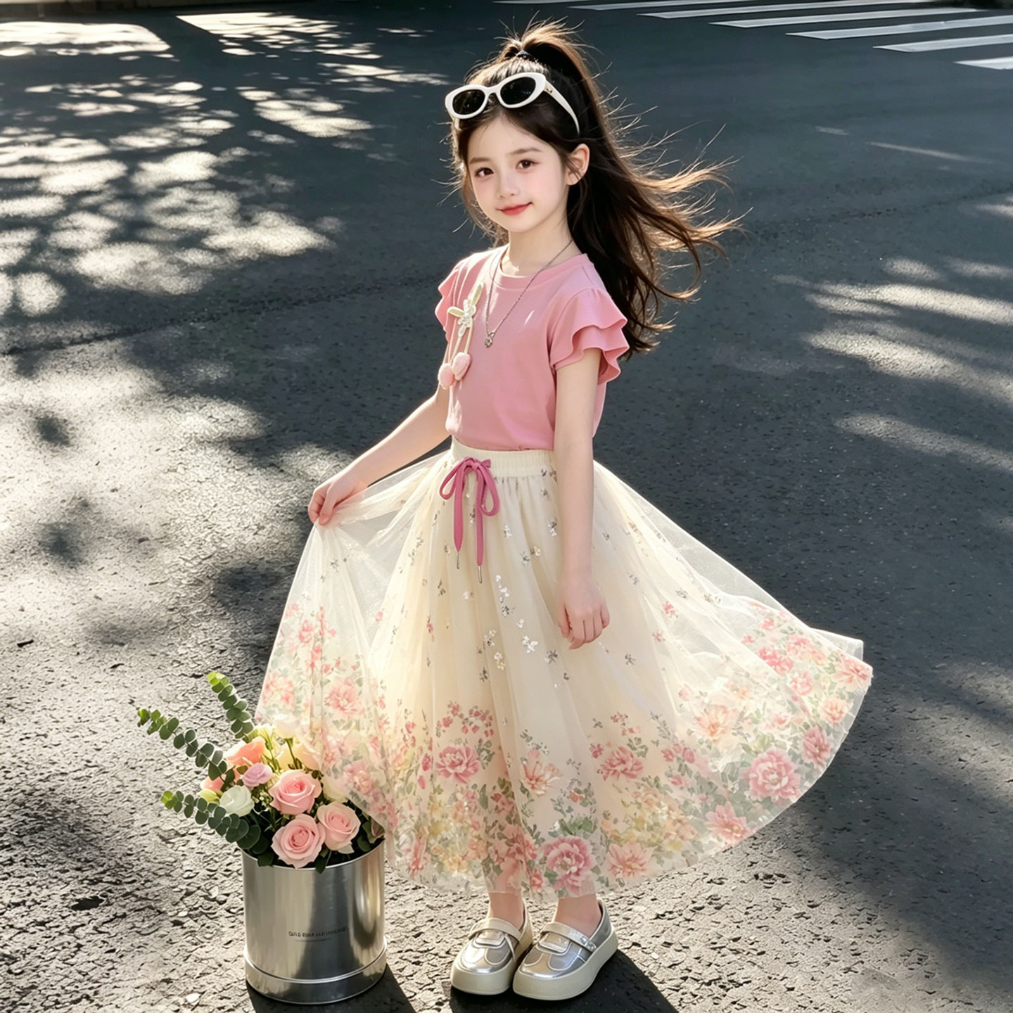 2026超火女童短袖套装夏季新款连衣裙女大童洋气碎花裙裤女孩夏装