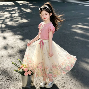 2026超火女童短袖套装夏季新款连衣裙女大童洋气碎花裙裤女孩夏装