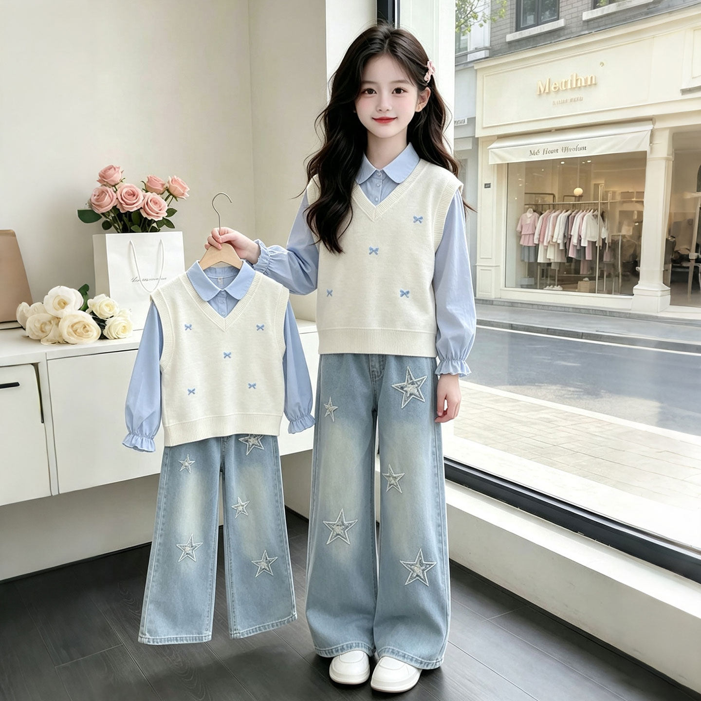 童装女童套装春秋2026新款儿童韩版假两件卫衣小女孩牛仔阔腿裤子
