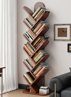 实木树形书架落地置物架一体靠墙转角窄柜家用客厅卧室儿童绘本架