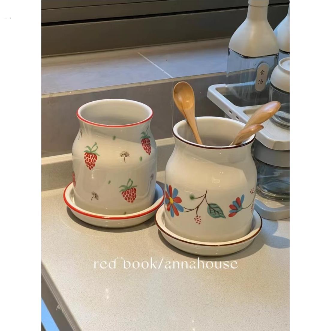 日式陶瓷筷子筒手绘图案创意家用多功能沥水筷篓厨房餐具置物收纳