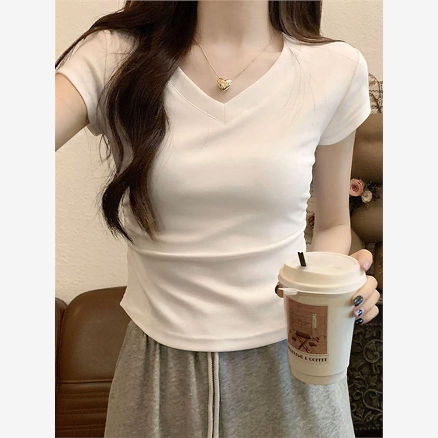 白色v领短袖t恤女2025新款夏季修身紧身短款显瘦小个子甜辣小上衣