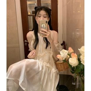 夏季 纯欲风露肩绑带圆领连衣裙女2025新款 温柔系气质甜美初恋裙子