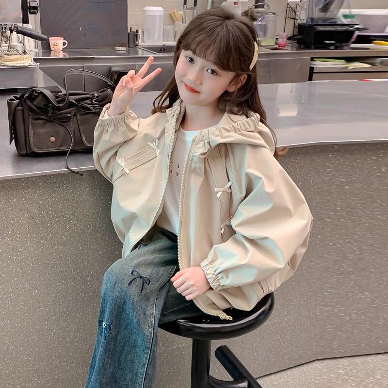 女童秋装外套2025新款儿童洋气女孩春秋季连帽蝴蝶结韩范夹克上衣