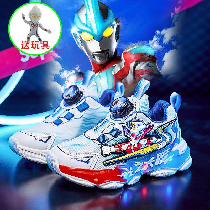 男童运动鞋秋冬加绒棉鞋鞋子儿童跑步鞋奥特曼发光鞋旋转纽扣童鞋