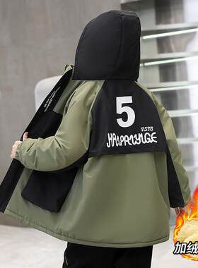 男童秋冬加绒外套儿童套装冲锋衣加厚风衣派克服中大童冬季棉服帅
