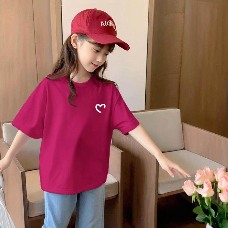女童夏季休闲打底2025新款儿童纯棉圆领短袖T恤小女孩玫红色半袖