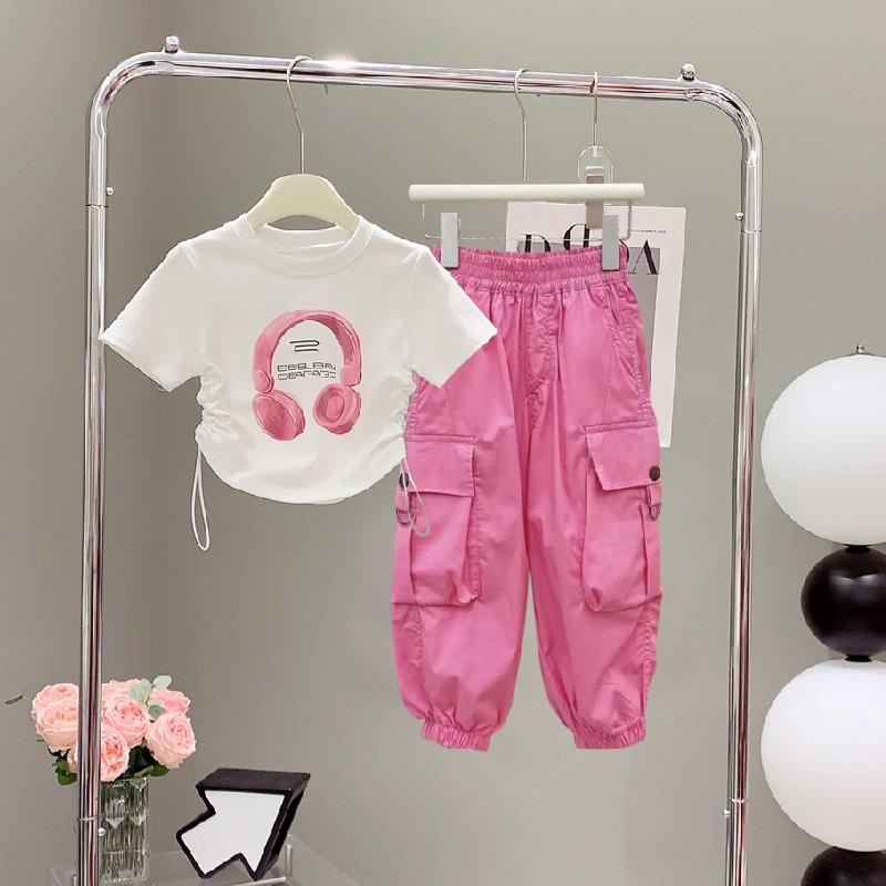 女童夏套装耳机短袖夏季2026新款儿童夏装小女孩工装裤子潮酷穿搭