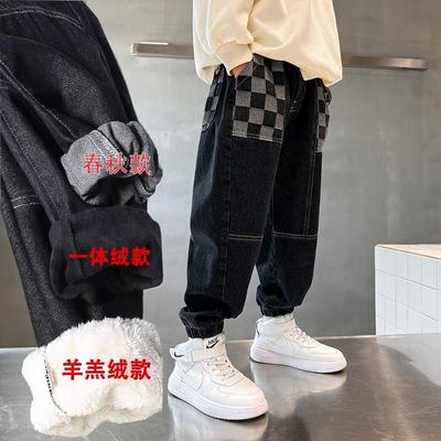 男童羊羔绒加厚保暖棉裤长裤儿童一体加绒牛仔裤2023秋冬新款裤子