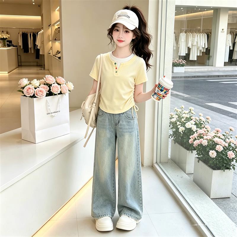 女童休闲套装夏装2026新款儿童中大童短袖上衣阔腿牛仔裤两件套