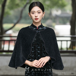 优雅名媛小香风旗袍披肩黑色圆领斗篷披风宴会晚礼服外搭开衫外套