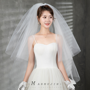 超仙简约蓬松款硬网素纱短款双层新娘头纱旅拍照写真造型头饰面纱