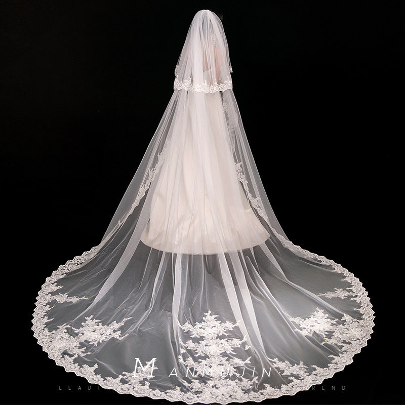 精致手作亮片花边大气拖尾头纱新娘结婚主婚纱头饰可遮面长款头纱