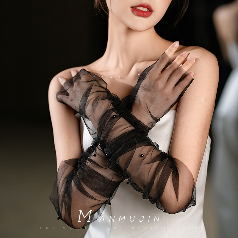 显瘦套袖长款网纱珍珠黑色手套