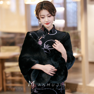 冬季保暖外搭黑色毛披肩活动迎宾礼仪旗袍宴会晚礼服坎肩斗篷披风