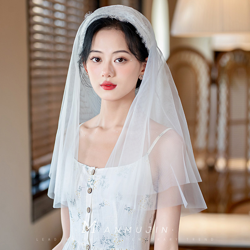 新娘结婚旅拍照头纱复古蕾丝花边双层头纱领证造型旗袍写真头饰品