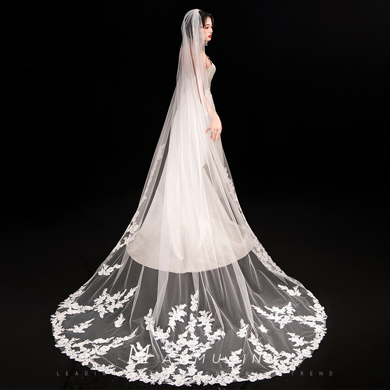 欧式手作精致花边单层长款头纱新娘结婚主婚纱头饰教堂式拖尾头纱