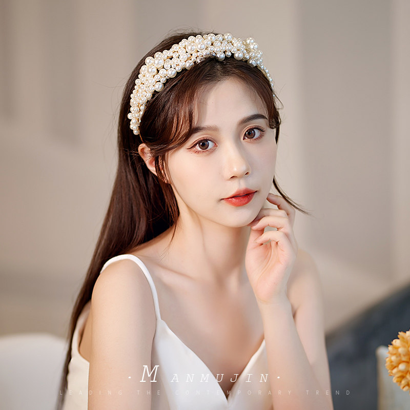 新娘头饰珍珠发箍手工艺串珠金色发饰头箍旅拍照婚纱礼服造型饰品