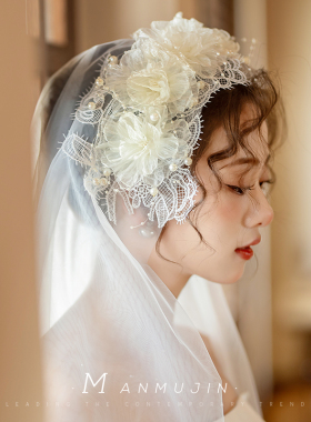 新娘结婚旅拍照头纱港风写真影楼化妆师跟妆造型头饰双层白色头纱
