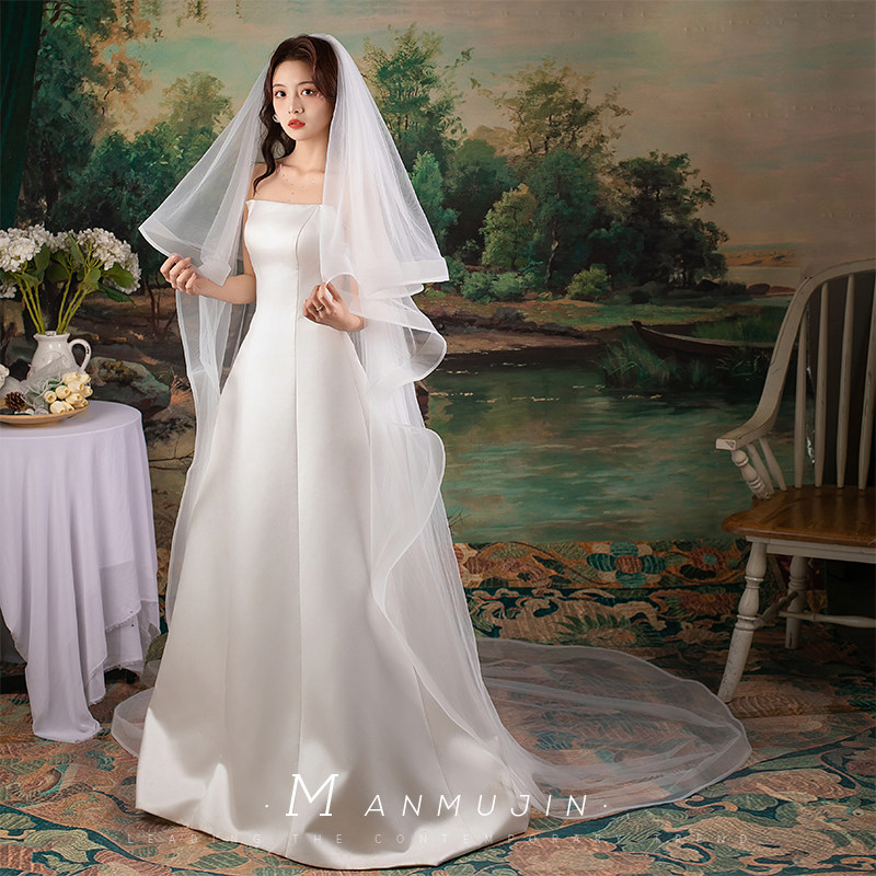 超仙简约风白色软网双层长款头纱新娘主婚纱头饰可遮面大拖尾头纱