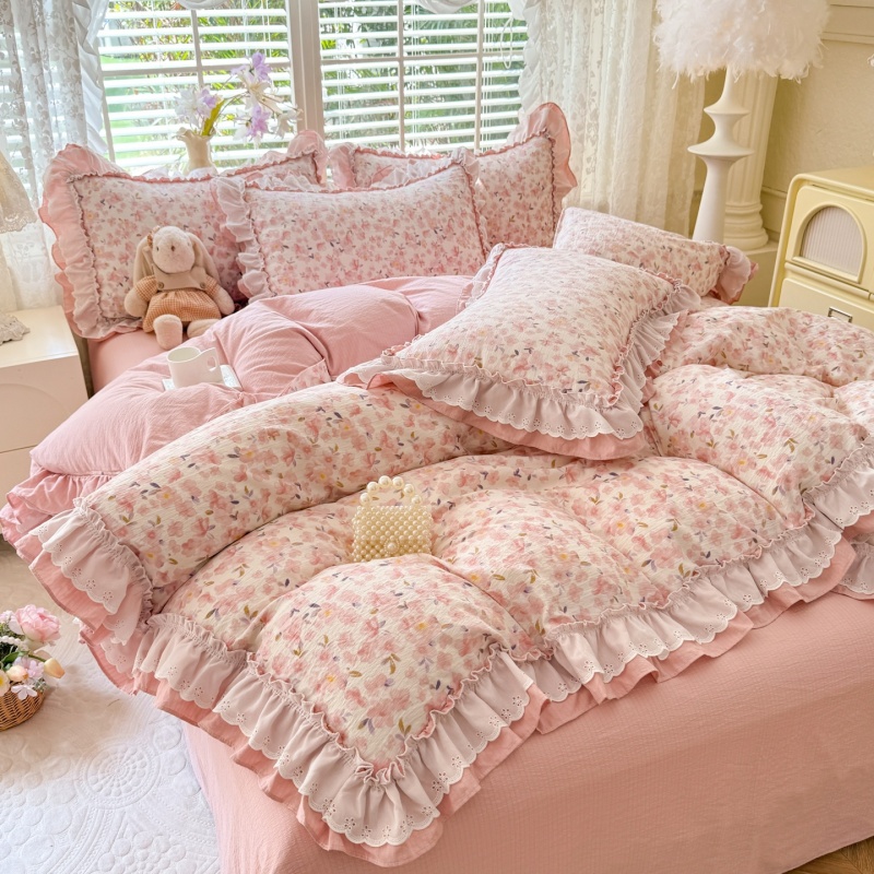 韩版公主风荷叶花边全棉四件套奶油纯棉学生宿舍三件套床单被套罩
