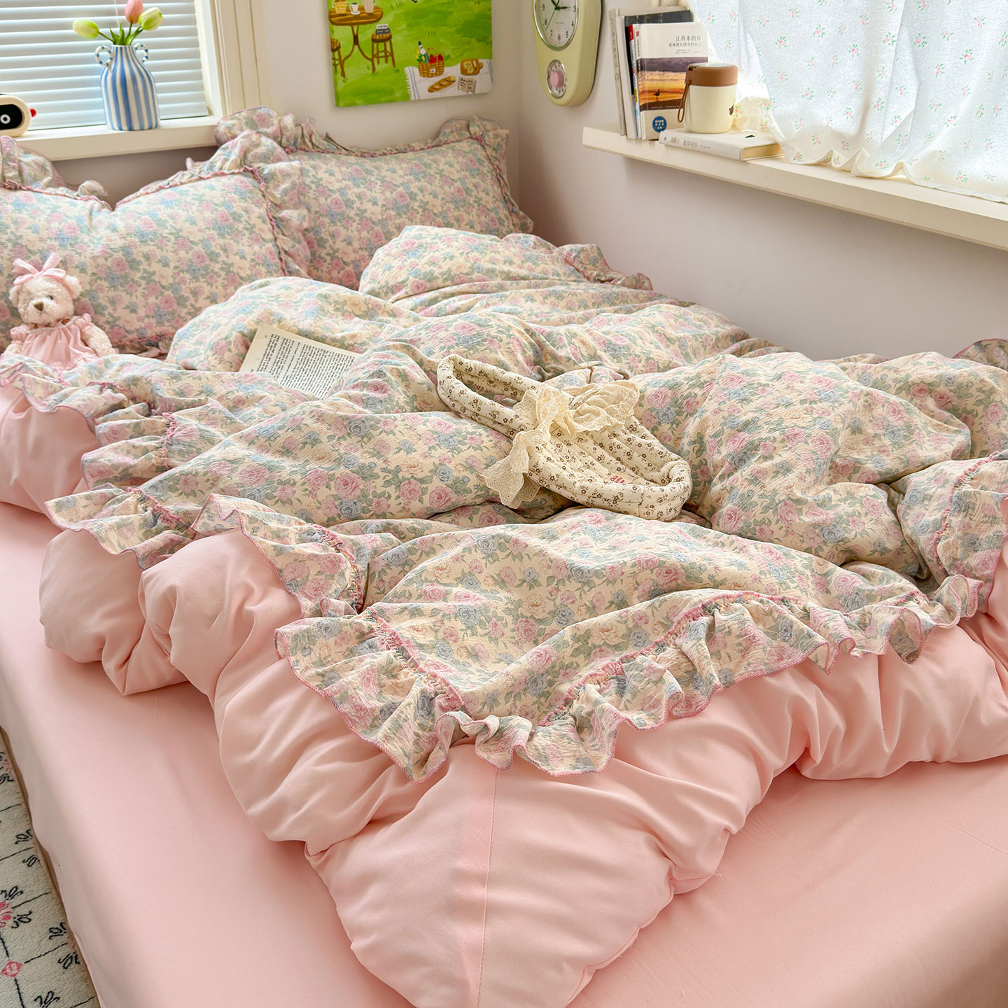 皱皱纱全棉床笠四件套纯棉法式