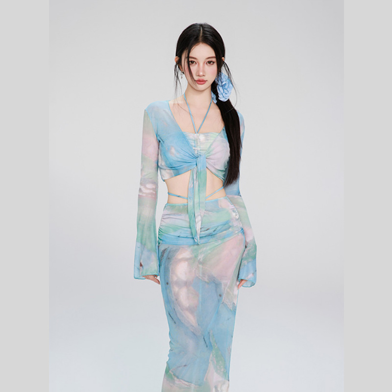 泳衣女款比基尼分体四件套长袖长裙性感纯欲风高级感2025新款泳装