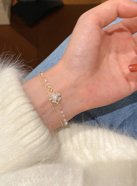 超闪锆石珍珠双层花朵手链女生2022年新款轻奢小众设计高级感手饰