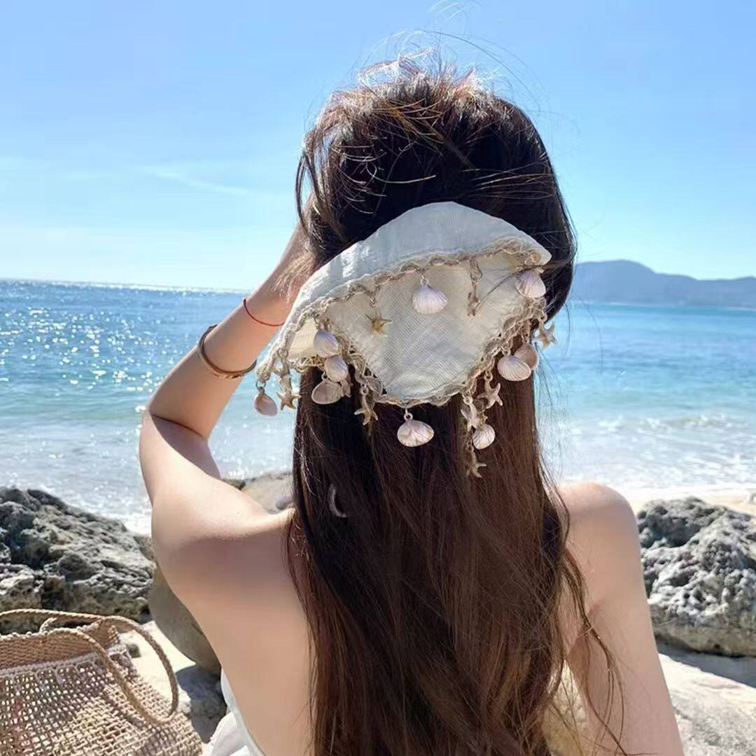 新款度假波西米亚贝壳海星方巾发圈头绳马尾发饰头饰夏天海边拍照