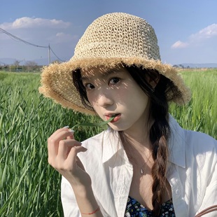 防曬遮陽草編漁夫帽休閑可折疊沙灘帽 出游大檐海邊度假草帽女韓版