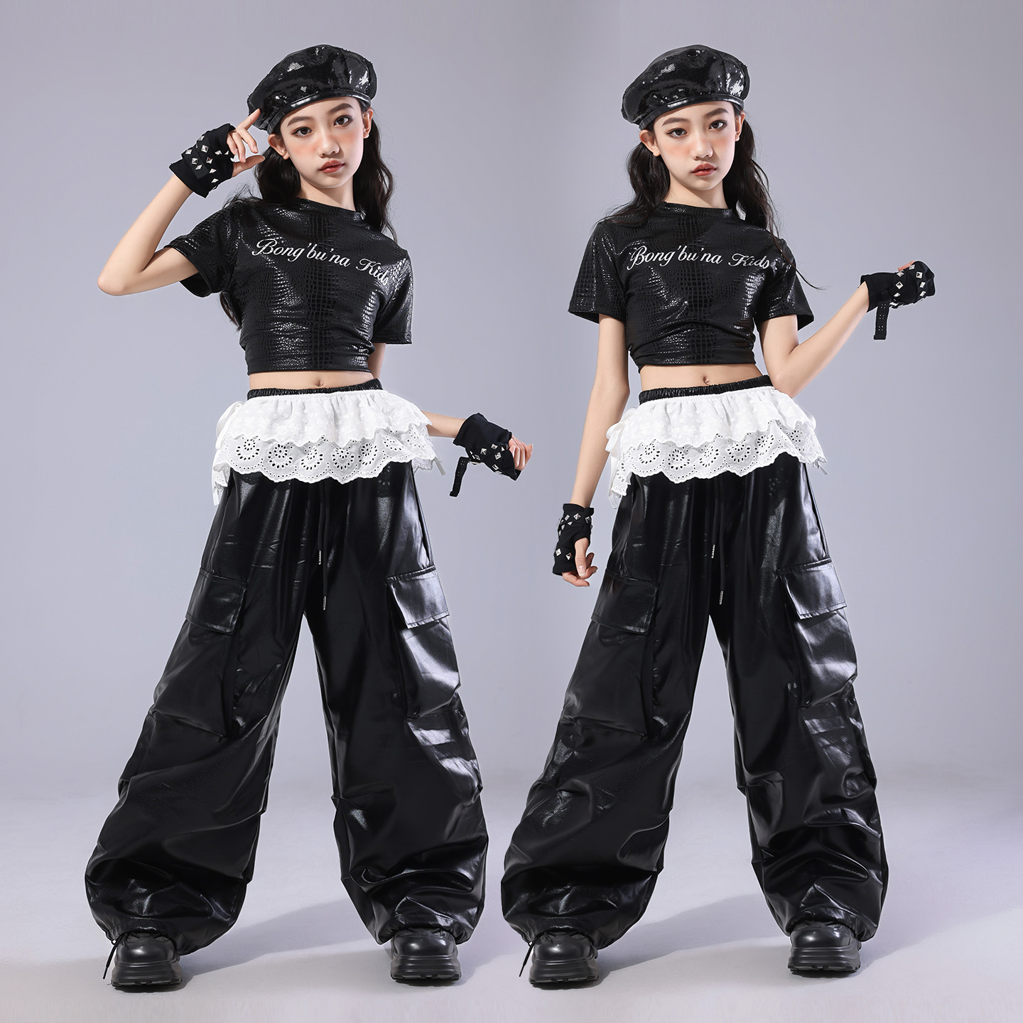 爵士舞服装女童潮酷时髦儿童辣妹装模特走秀潮黑色少儿jazz套装酷