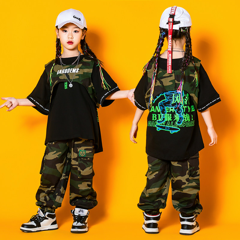 街舞儿童潮服时髦女童爵士舞服装hiphop演出服潮童六一迷彩服套装