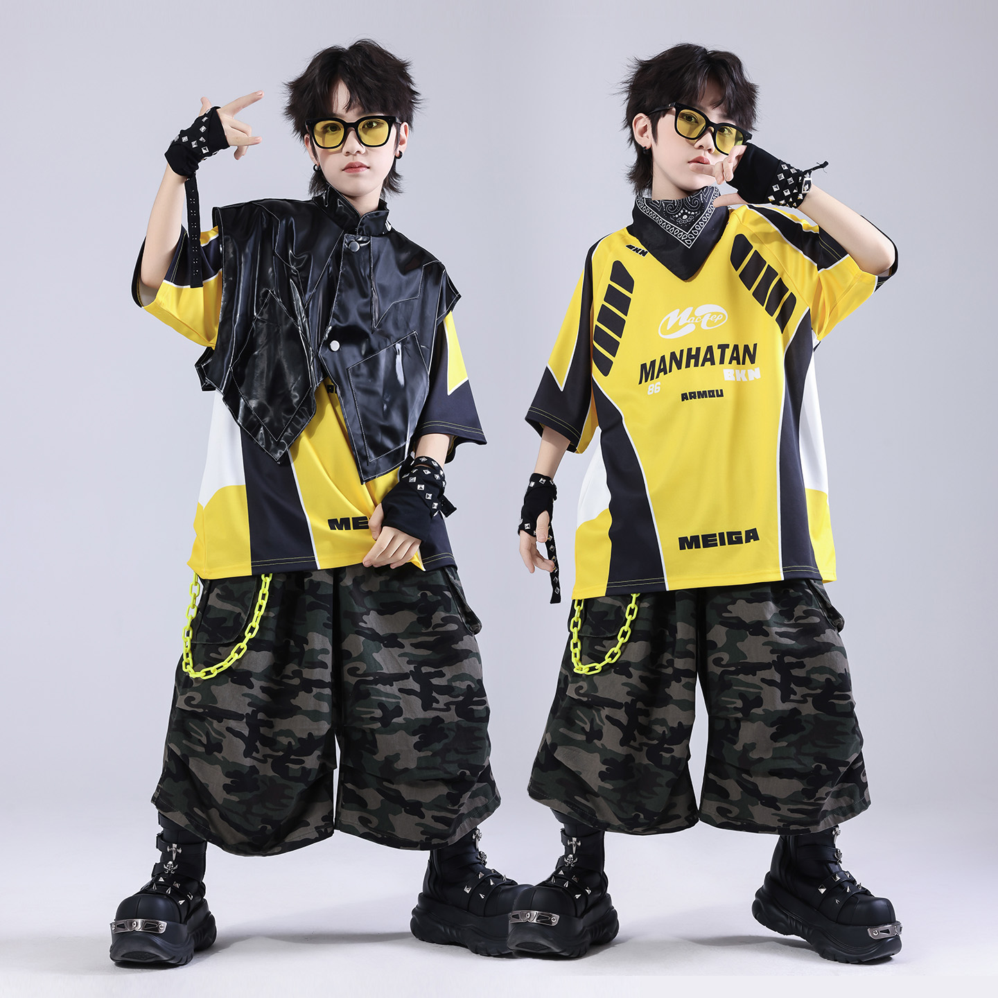 街舞儿童潮服hiphop童装少儿服装男童架子鼓演出服嘻哈风迷彩套装