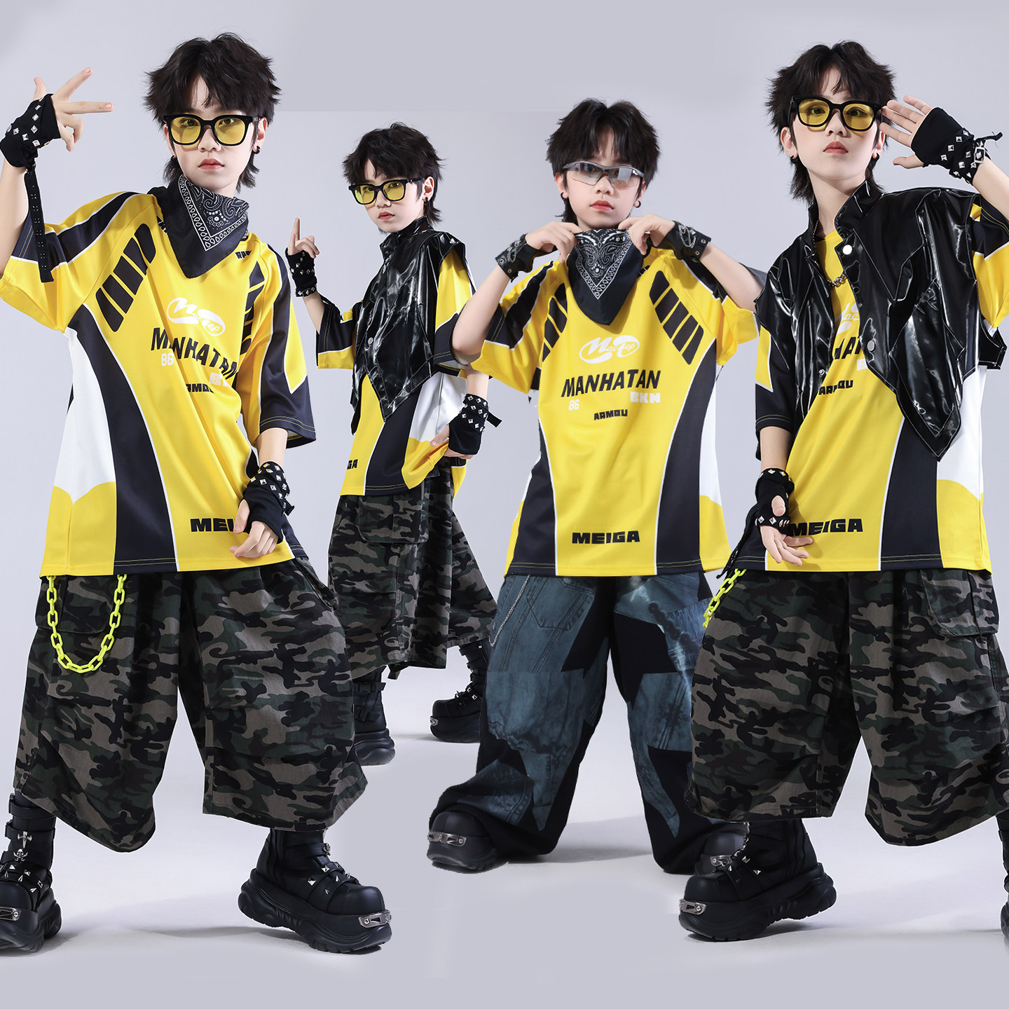街舞儿童潮服少儿服装hiphop童装架子鼓演出服男童嘻哈迷彩套装酷