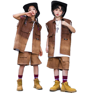 少儿街舞服装hiphop童装嘻哈潮服儿童潮牌演出服男童无袖马甲套装