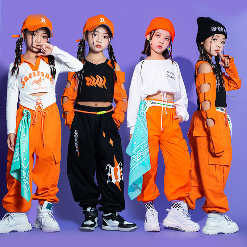 街舞儿童潮服元旦喜庆演出服爵士舞服装女童模特露脐t台走秀潮童