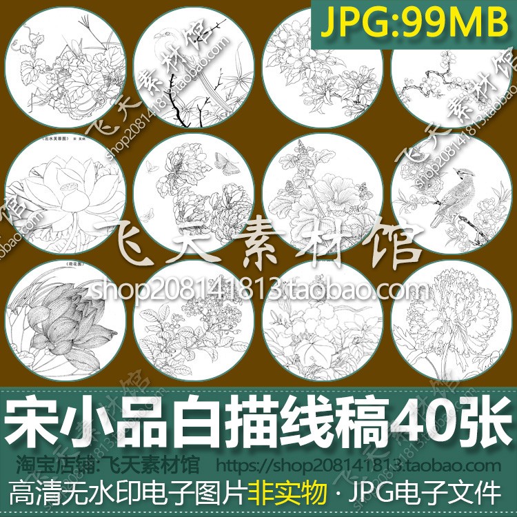 宋小品白描线稿40幅花鸟草虫团圆扇面工笔手绘画勾勒练习素材电子