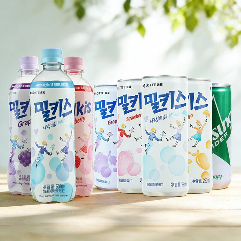 韩国进口乐天妙之吻milkis乳味碳酸饮料芒果葡萄草莓牛奶味汽水