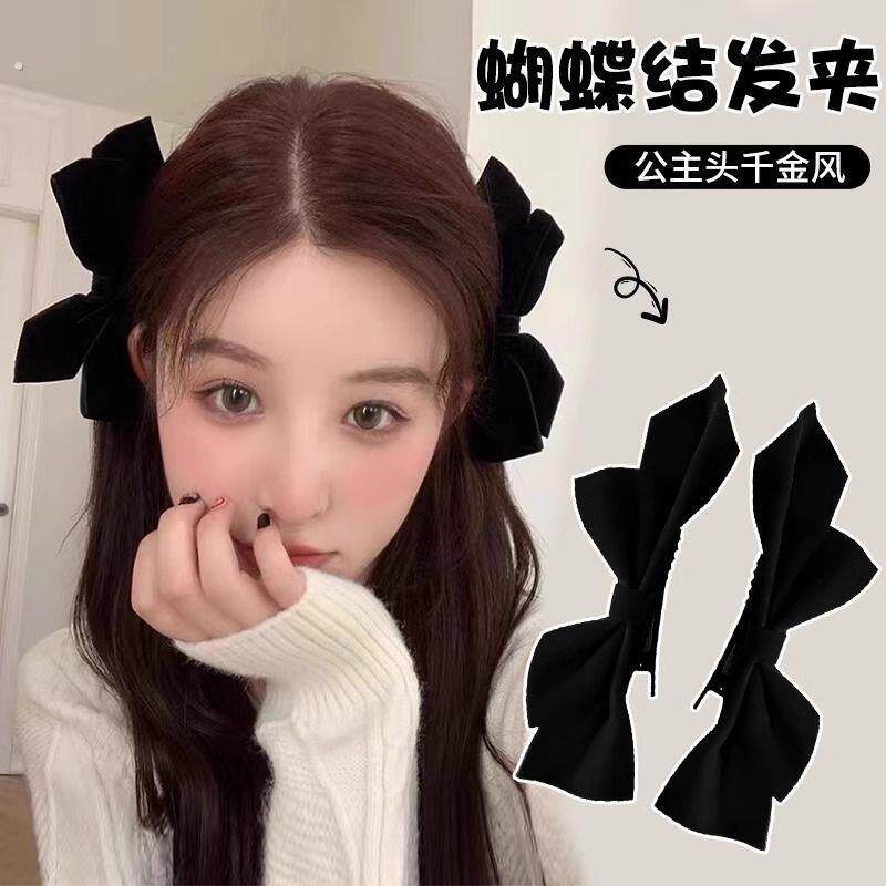新年红色立体丝绒蝴蝶结发夹公主风侧边夹圣诞鸭嘴夹头饰饰品#9