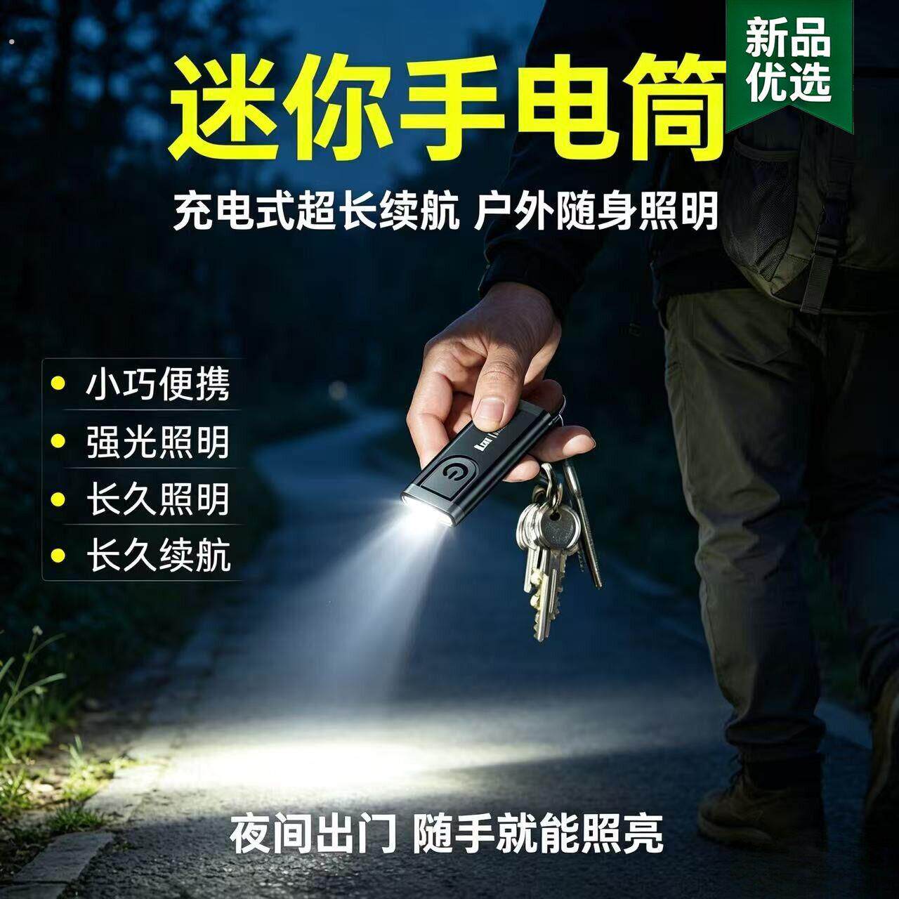 钥匙扣灯手电筒小强光可充电磁吸超亮户外多功能随身工作