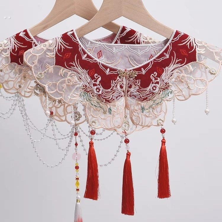 复古汉服云肩马面裙装饰披肩假领女春秋百搭红色流苏珍珠礼服坎肩