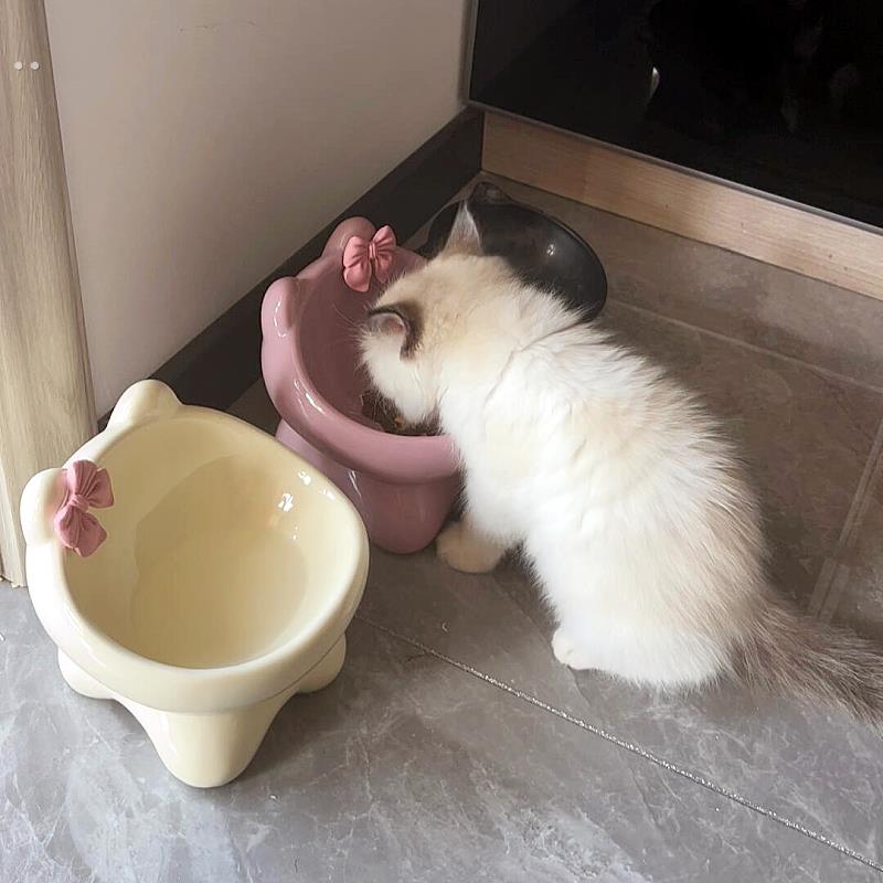 蝴蝶结陶瓷猫咪碗增高架防黑下巴猫食盆大口径防外溅慢食碗狗狗碗