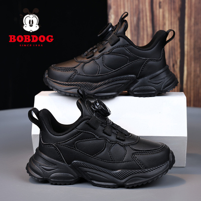 巴布豆童鞋男女童小黑鞋2026秋冬新款黑色皮面防水儿童跑步运动鞋